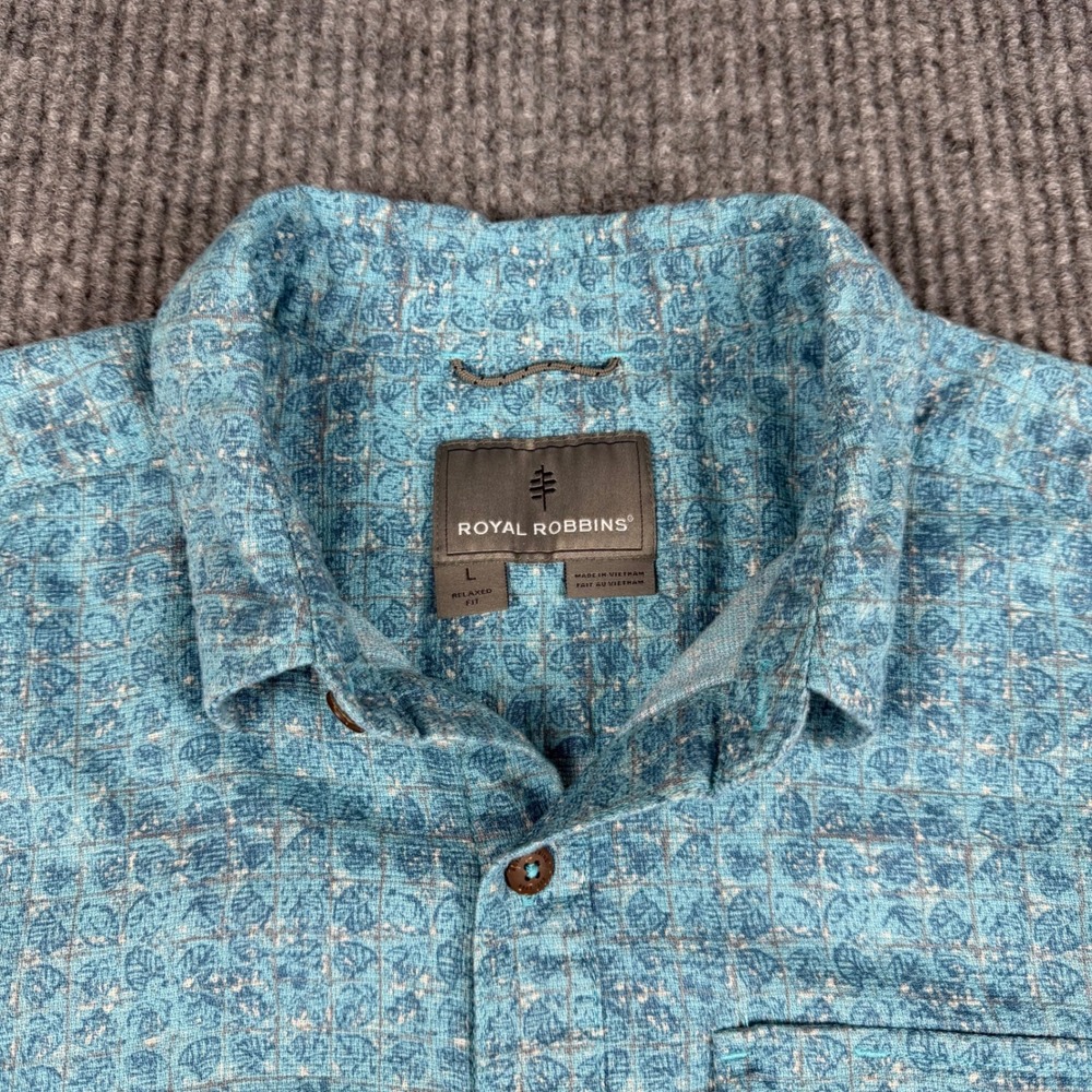 Royal Robbins Short Sleeve Button Up Shirt Mens L Blue Leaf Print Organic Cotton - Picture 3 of 15